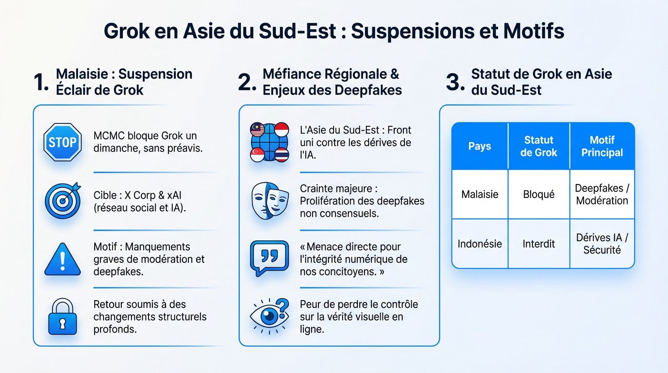 Infographie détaillant les suspensions de l'IA Grok en Asie du Sud-Est
