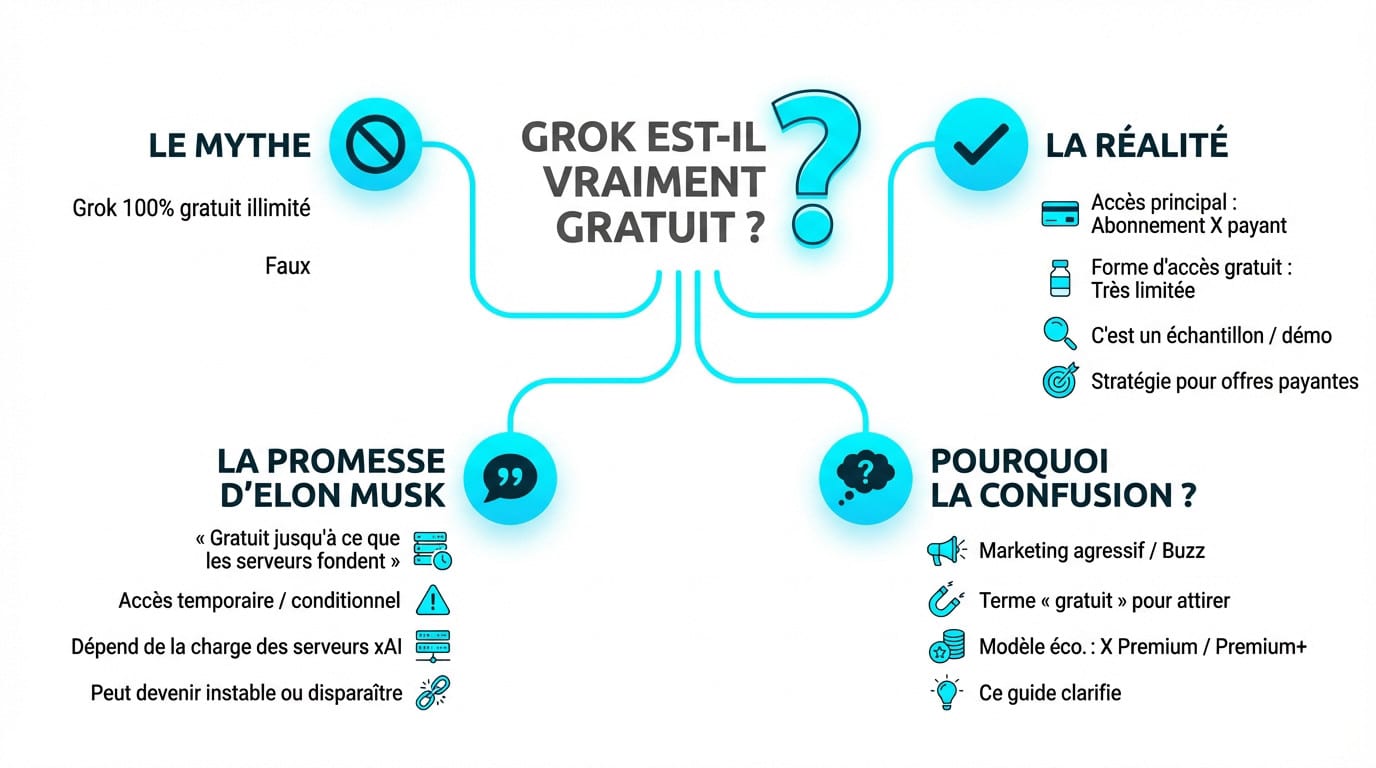 Illustration comparant le mythe de la gratuité totale de Grok à la réalité de ses limitations techniques et commerciales