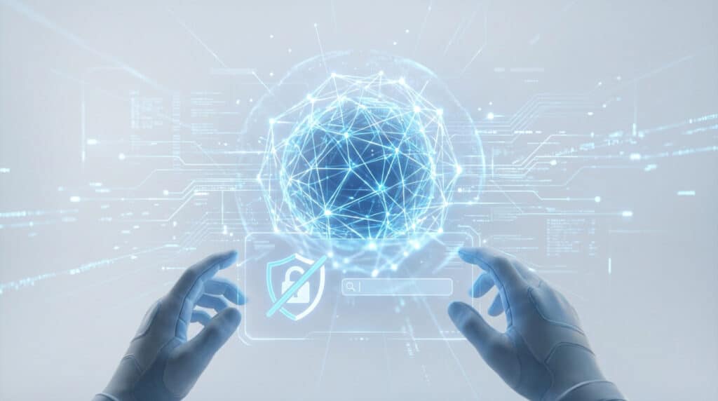 Generic hands interact with a holographic security interface showing a crossed-out padlock warning and a glowing blue AI network.