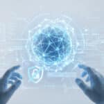 Generic hands interact with a holographic security interface showing a crossed-out padlock warning and a glowing blue AI network.