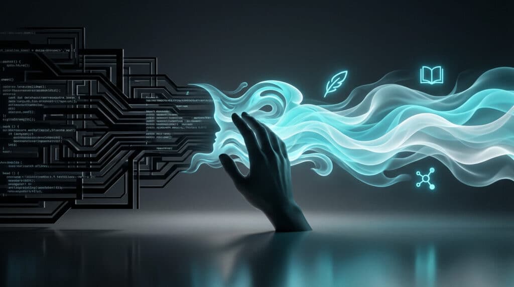 A dark hand guides the transformation of rigid digital code into glowing, fluid cyan shapes, with icons representing humanized AI text.