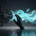 A dark hand guides the transformation of rigid digital code into glowing, fluid cyan shapes, with icons representing humanized AI text.