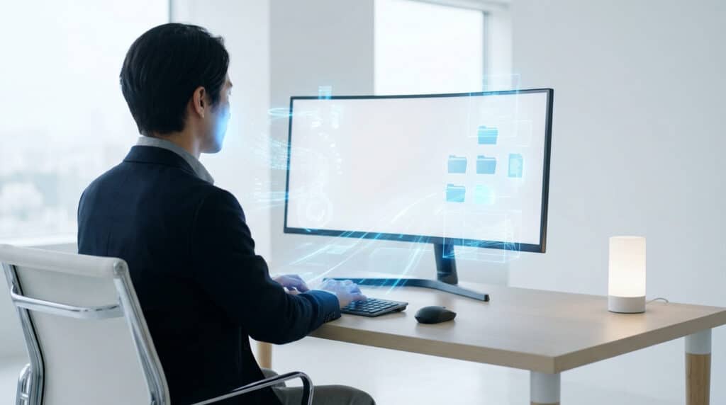 Anonymous person at a modern desk, interacting with a screen displaying vibrant blue AI data visualizations and file icons.