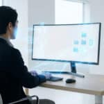 Anonymous person at a modern desk, interacting with a screen displaying vibrant blue AI data visualizations and file icons.