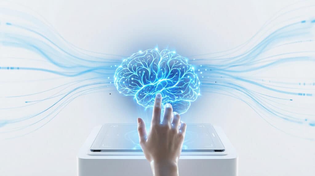 A hand touches a glowing blue AI brain on a minimalist digital interface, surrounded by ethereal data streams.