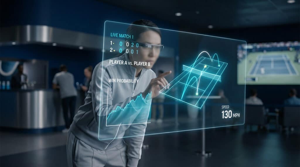 Person in AR glasses interacts with a holographic tennis display showing live scores, player data, 3D court, and ball speed in blue/white.