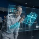 Person in AR glasses interacts with a holographic tennis display showing live scores, player data, 3D court, and ball speed in blue/white.