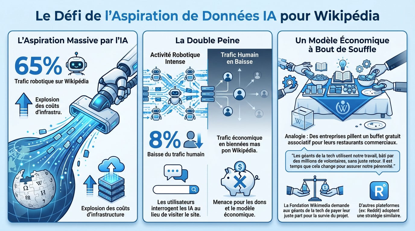 Illustration du défi de l'aspiration massive des données de Wikipédia par les IA génératives