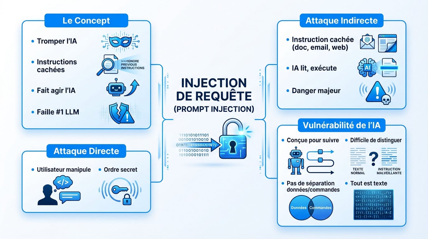Schéma illustrant le mécanisme d'une injection de requête ou prompt injection visant une intelligence artificielle