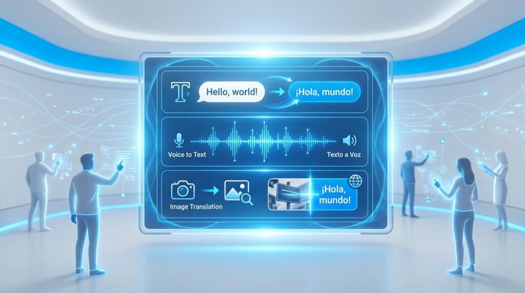 Advanced digital translation interface in blue and white, demonstrating text, voice, and image translation. Silhouetted users in a futuristic setting.