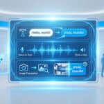 Advanced digital translation interface in blue and white, demonstrating text, voice, and image translation. Silhouetted users in a futuristic setting.