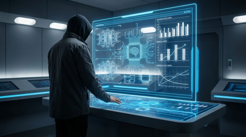 Hooded figure at a glowing blue holographic interface showing AI neural networks, microchips, and financial cost curves in a futuristic control room.
