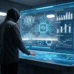 Hooded figure at a glowing blue holographic interface showing AI neural networks, microchips, and financial cost curves in a futuristic control room.
