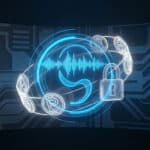 Glowing blue voice assistant interface with sound waves, surrounded by white crypto coins and a lock, on a dark tech background.