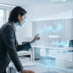 Professional interacts with glowing blue holographic AI interface displaying data visualizations in a modern office.
