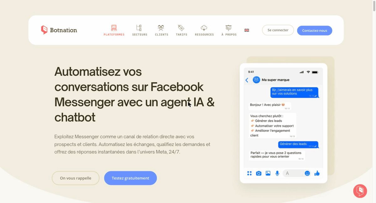 Botnation AI, page dédiée à l'agent IA et au chatbot Facebook Messenger
