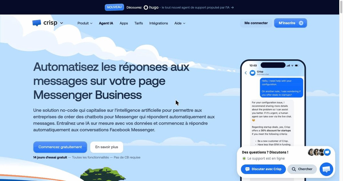Crisp, logiciel de chatbot IA pour page Messenger Business