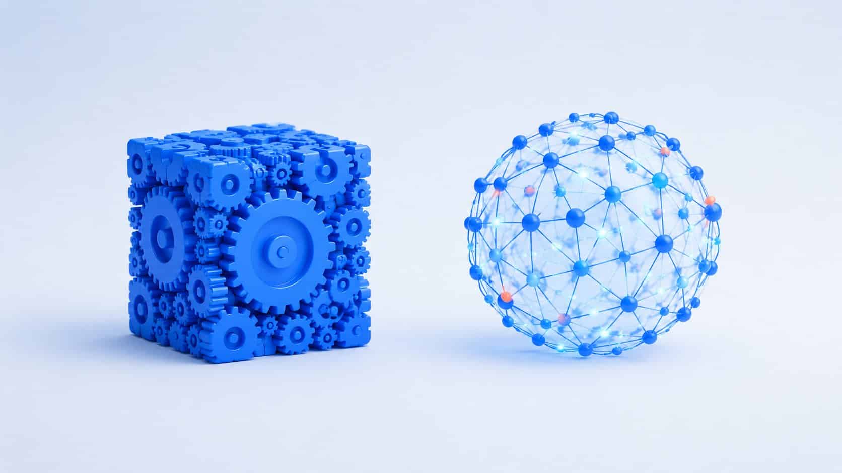 Chatbot à règles symbolisé par un cube d'engrenages face à un chatbot IA symbolisé par une sphère de réseau de neurones