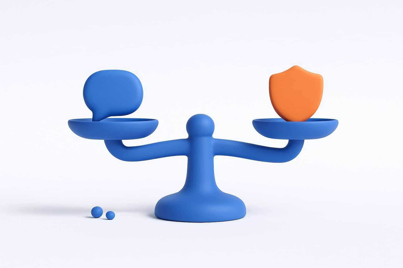 Balance 3D bleue portant une bulle de chat et un bouclier orange, equilibre entre usage de Grok et regulation