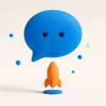 Bulle de conversation 3D bleue au-dessus d'une petite fusee orange, illustration du chatbot Grok de SpaceXAI