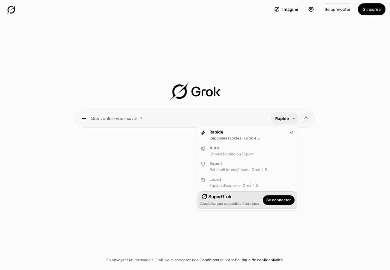 Capture d'ecran de grok.com : menu Rapide, Auto, Expert et Lourd, tous adosses a Grok 4.5