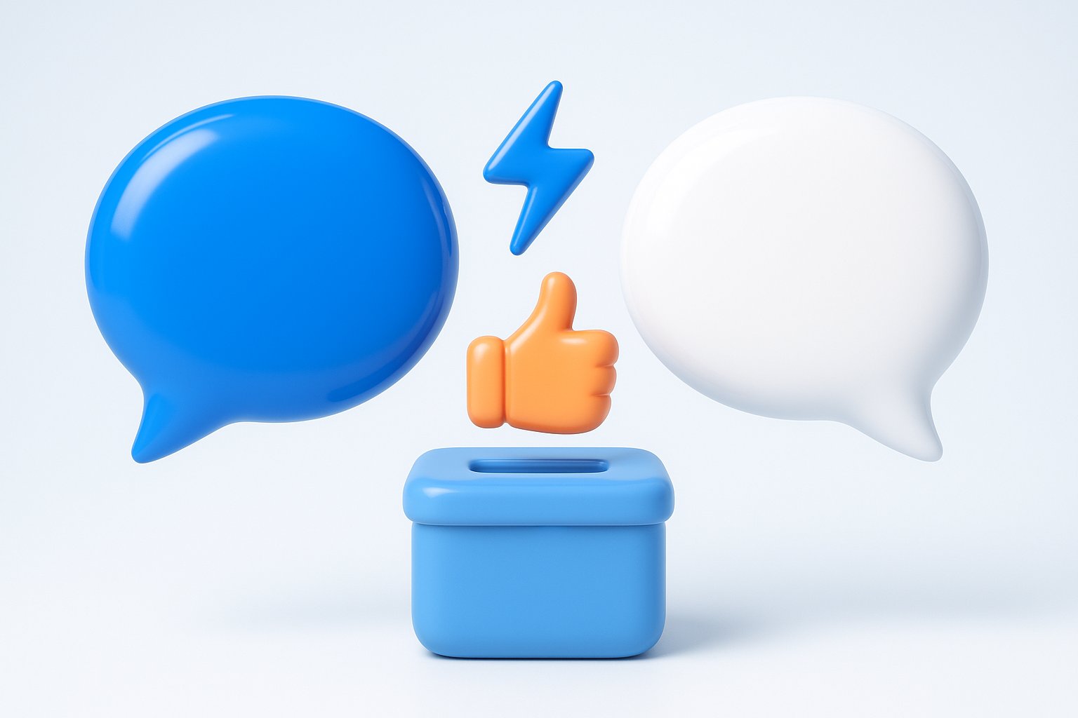Illustration 3D de deux bulles de chat anonymes qui s'affrontent au-dessus d'une urne de vote, symbolisant le duel à l'aveugle de Chatbot Arena