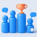 Illustration 3D d'un podium de classement avec un trophée, symbolisant Chatbot Arena, le classement des meilleures IA