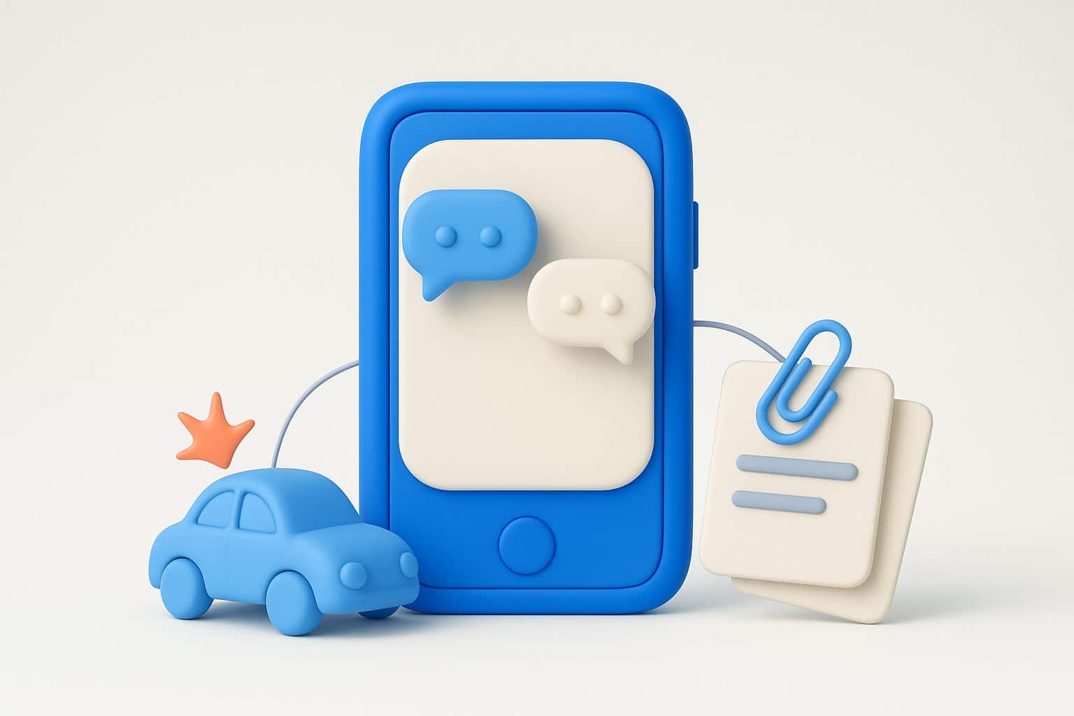 Illustration 3D d'un smartphone bleu affichant une conversation, relié a une voiture et a des documents : declaration de sinistre par chatbot