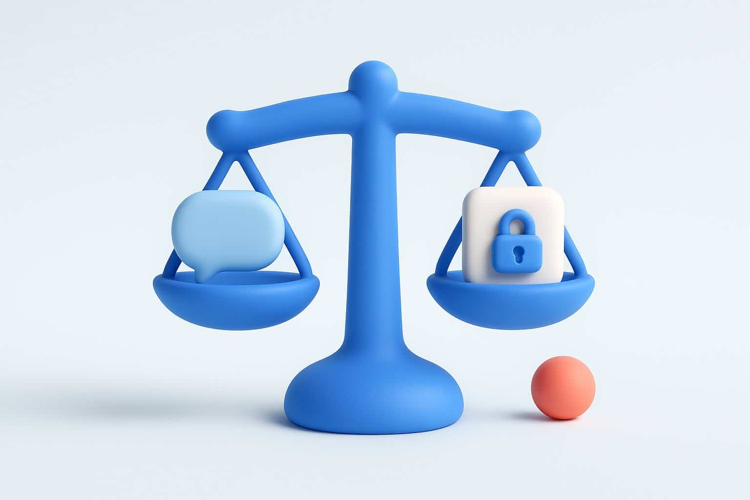 Illustration 3D d'une balance en equilibre portant une bulle de conversation et un dossier verrouille : equilibre entre automatisation et conformite