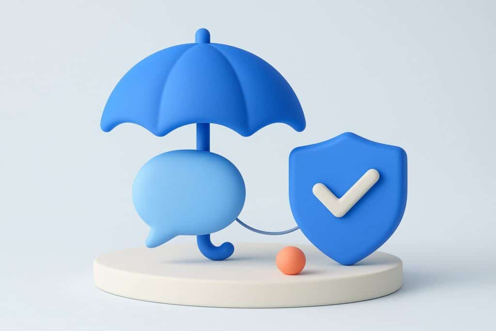 Illustration 3D d'un parapluie bleu protegeant une bulle de conversation, a cote d'un bouclier avec une coche : chatbot assurance