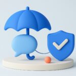 Illustration 3D d'un parapluie bleu protegeant une bulle de conversation, a cote d'un bouclier avec une coche : chatbot assurance