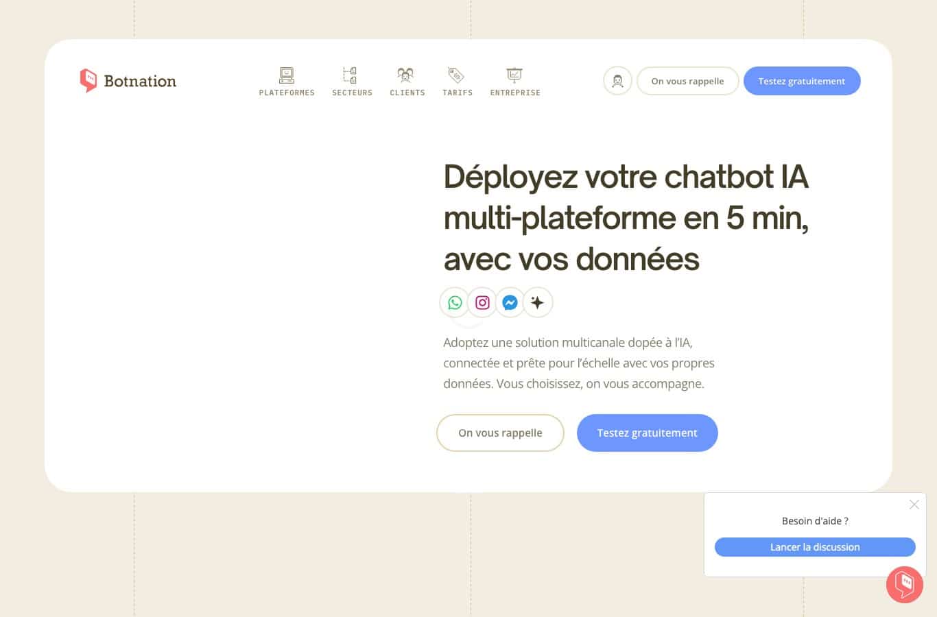 Page d'accueil de la plateforme no-code Botnation AI pour creer un chatbot multi-plateforme