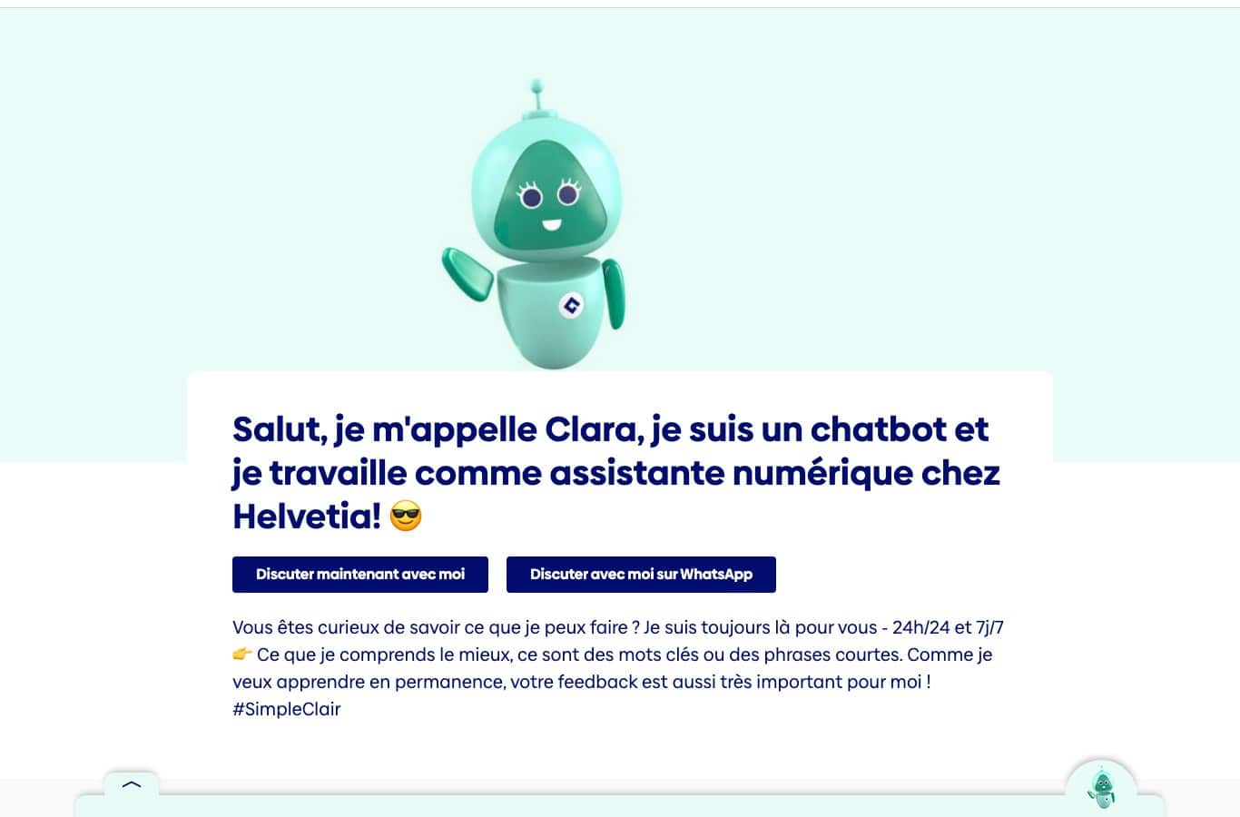Page de presentation de Clara, chatbot de l'assureur Helvetia, qui annonce explicitement etre un chatbot
