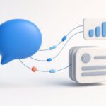 Chatbot CRM : bulle de conversation reliee a une base de contacts et un tableau de bord