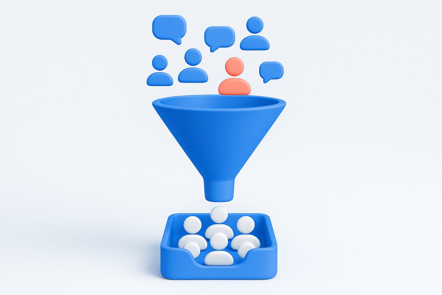 Chatbot génération de leads : un entonnoir capte des visiteurs et des conversations vers un bac CRM