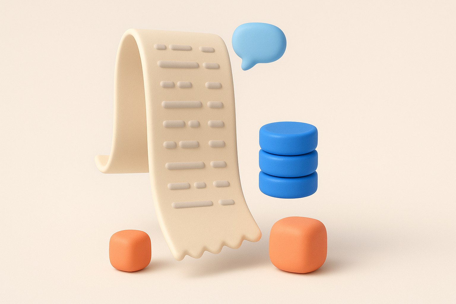 Illustration 3D d un long ticket de caisse et de trois jetons bleus, image du cout mensuel reel d une application chatbot Shopify
