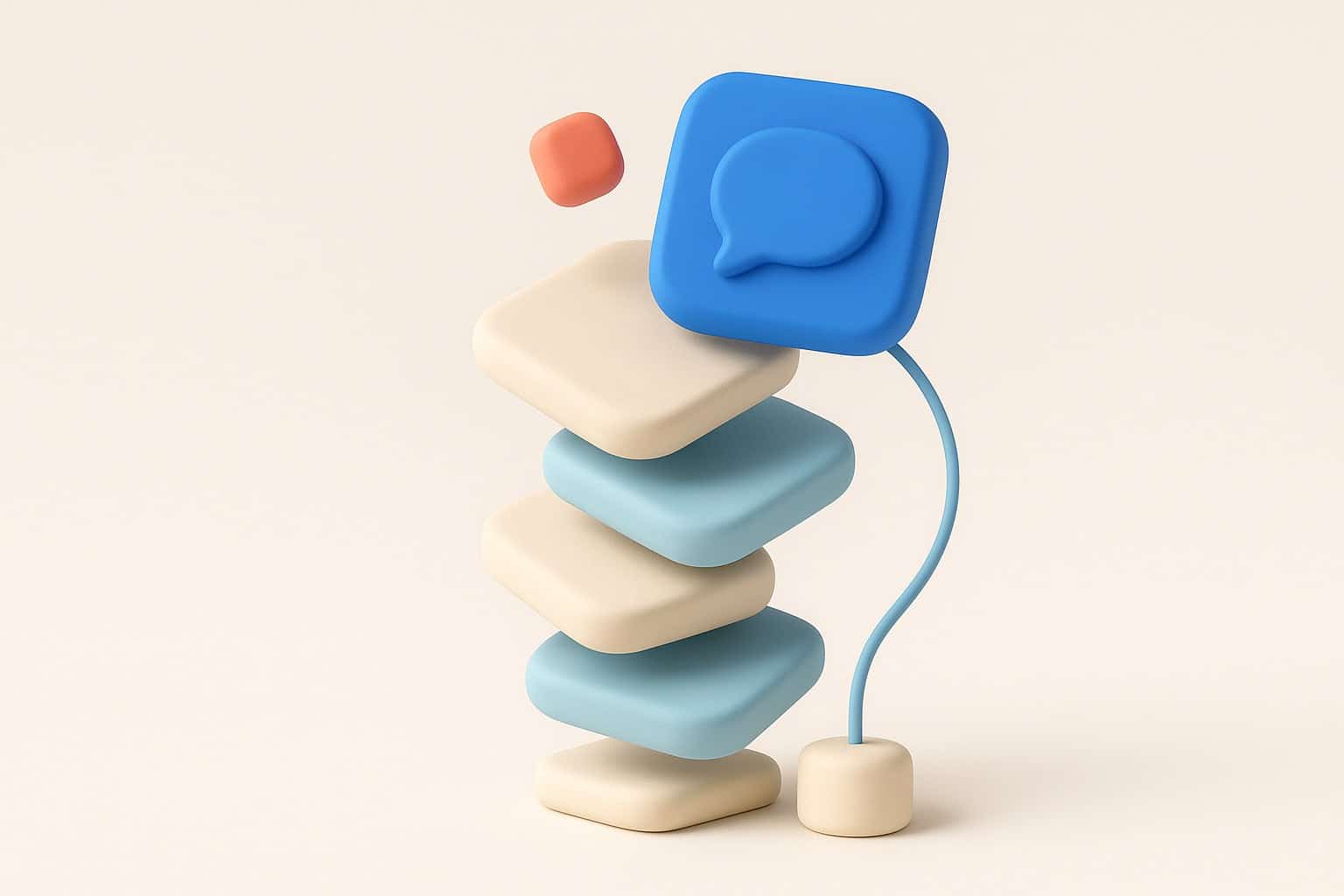 Illustration 3D d une pile de tuiles d applications dont celle du dessus porte une bulle de conversation