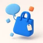 Illustration 3D d un sac de courses bleu relie a une bulle de chat, symbolisant un chatbot sur une boutique Shopify