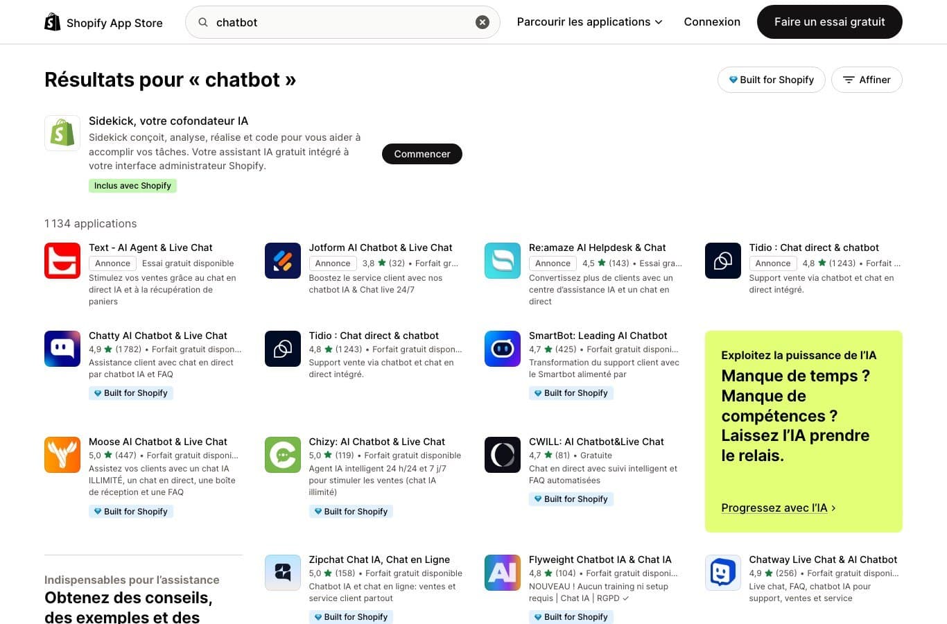 Capture de l App Store Shopify : la recherche chatbot renvoie 1134 applications, avec Sidekick, Tidio et Chatty AI