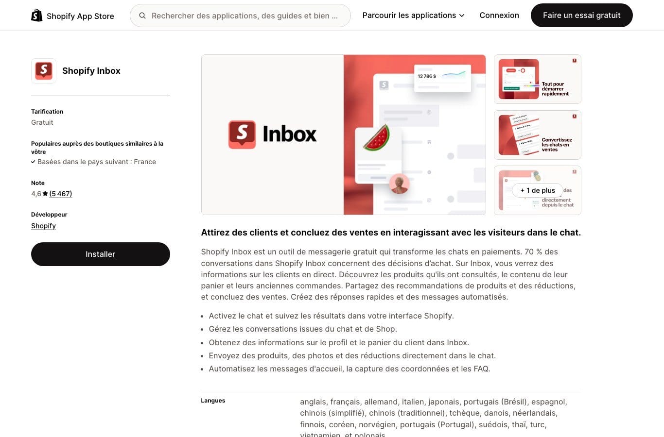 Capture de la fiche Shopify Inbox sur l App Store Shopify : tarification gratuite, note 4,6 sur 5467 avis