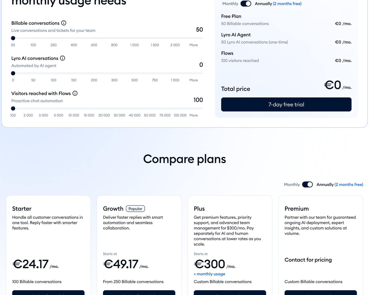 Capture de la page tarifs de Tidio : calculateur d usage et forfaits Starter, Growth, Plus en euros