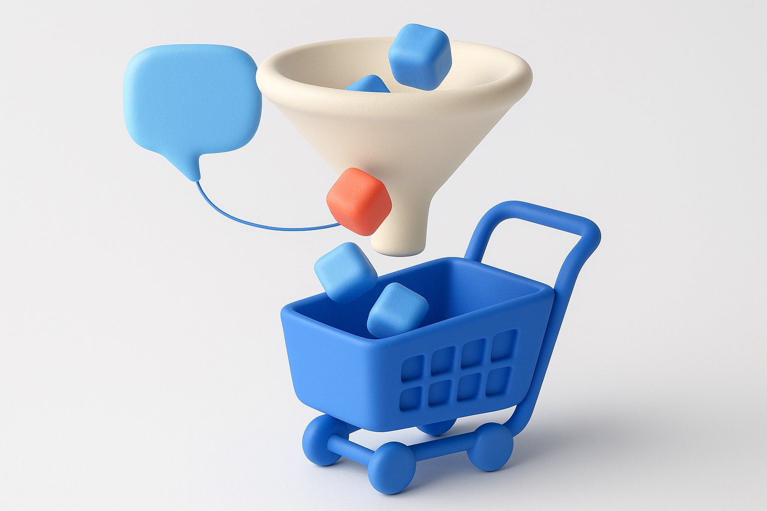Illustration 3D d un entonnoir de conversion deversant des produits dans un panier, assiste par une bulle de conversation
