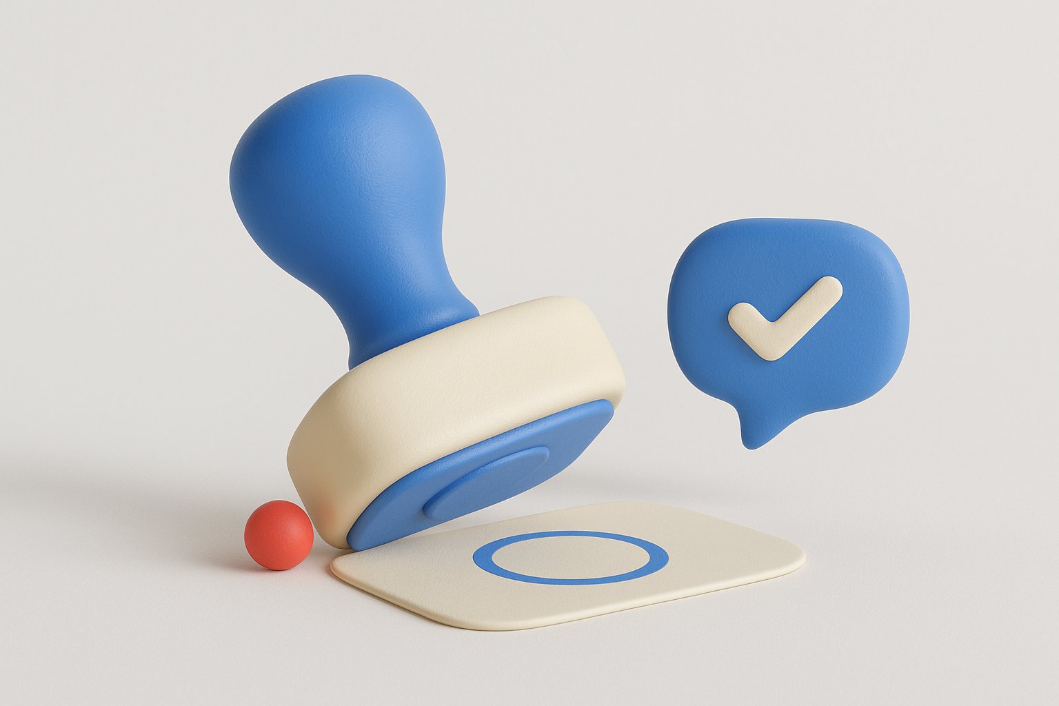 Illustration 3D d un tampon apposant une marque de validation, symbole de la conformite d un chatbot e-commerce