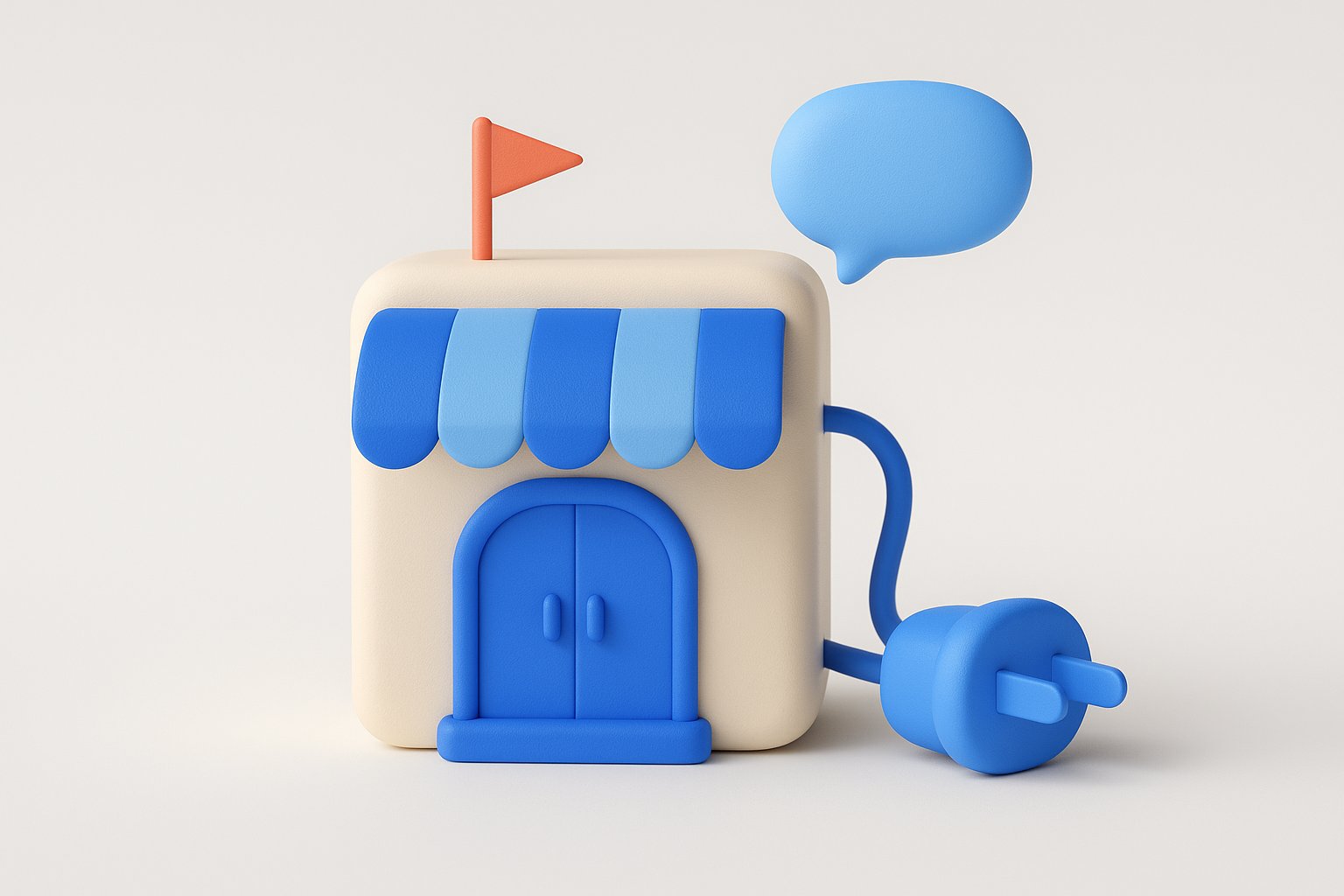 Illustration 3D d une boutique reliee a une prise electrique, symbole de l integration d un chatbot sur une boutique en ligne
