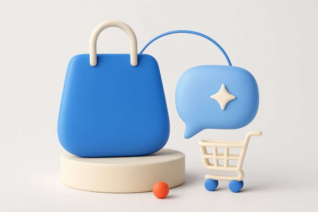 Illustration 3D d un sac de shopping bleu, d une bulle de conversation et d un caddie, pour un chatbot e-commerce