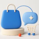 Illustration 3D d un sac de shopping bleu, d une bulle de conversation et d un caddie, pour un chatbot e-commerce