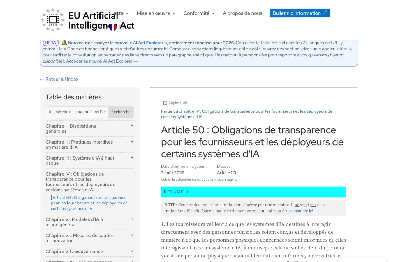 Capture d ecran de l article 50 du reglement europeen sur l IA indiquant une date d entree en vigueur au 2 aout 2026