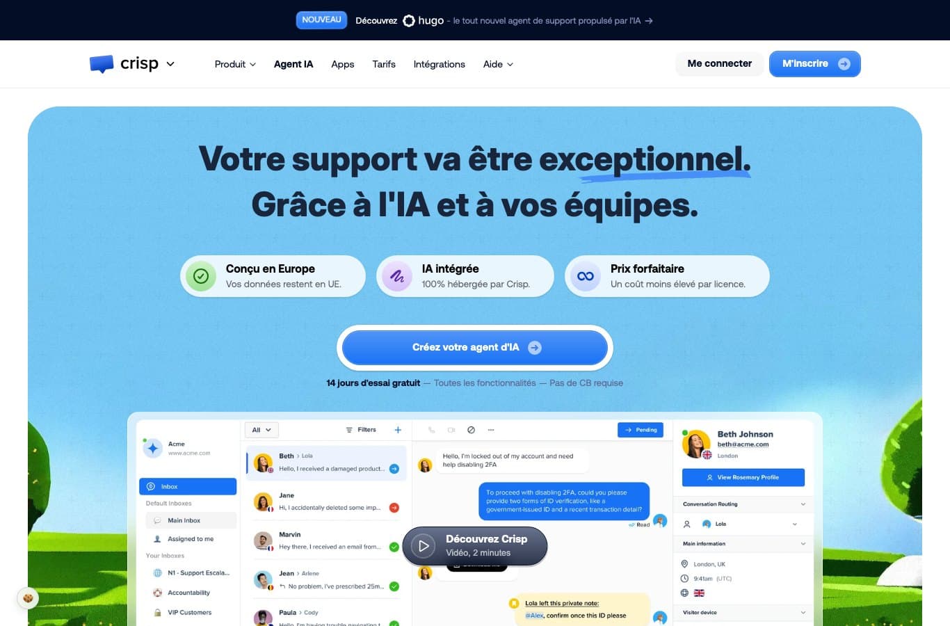 Capture d ecran du site francais de Crisp presentant son agent IA et sa boite de reception partagee
