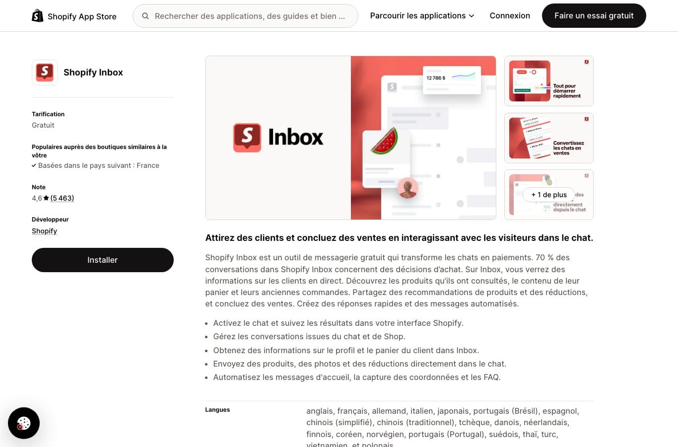 Capture d ecran de la fiche Shopify Inbox sur le Shopify App Store, tarification gratuite et note de 4,6 sur 5