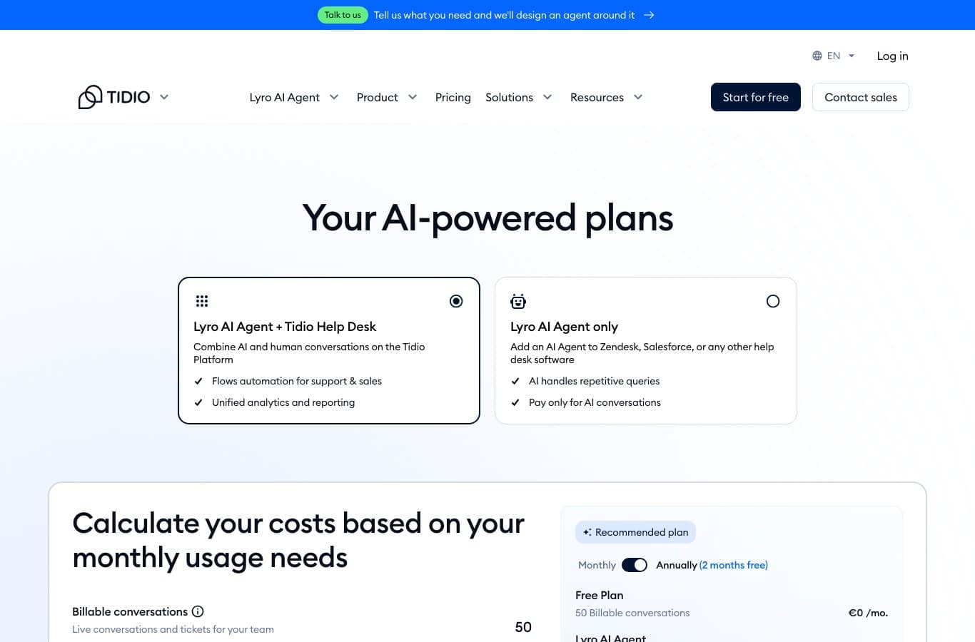 Capture d ecran de la page de tarification de Tidio avec le plan gratuit a 0 euro et 50 conversations facturables